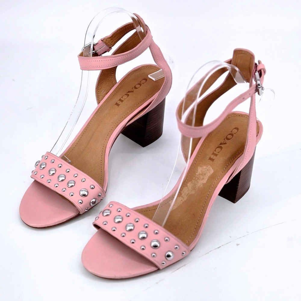 Coach Paige Studded Block Heel Sandal Leather Ankle Strap Pink 10 Glam Boho VGUC